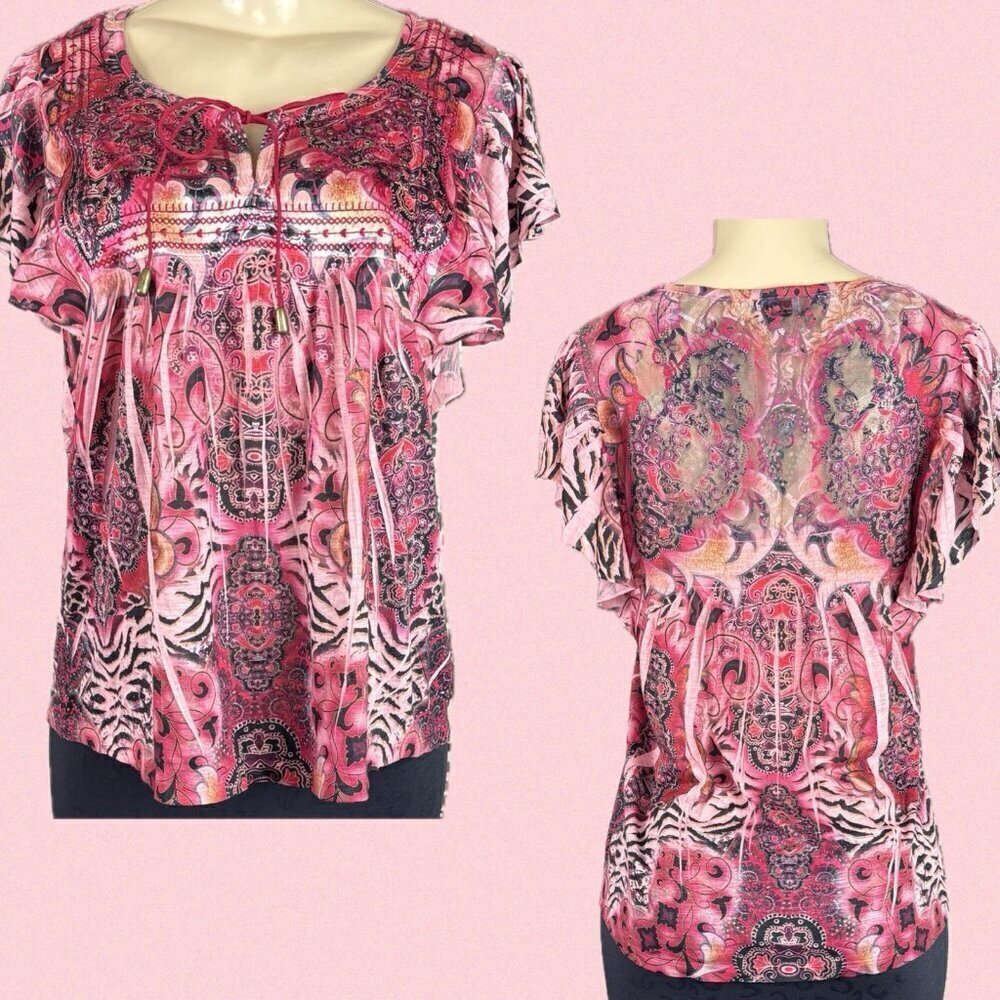 Unity World Wear L Pink Artsy Print Tie Neck Stud Detail Flutter Sleeve Blouse